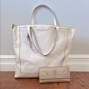 Coach cream colored tote bag + tan Coach wallet.